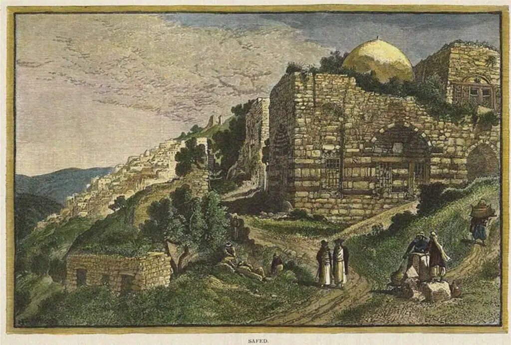 Ancienne illustration de Safed avec bâtiments et paysage montagneux.