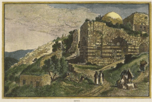 Ancienne illustration de Safed avec bâtiments et paysage montagneux.