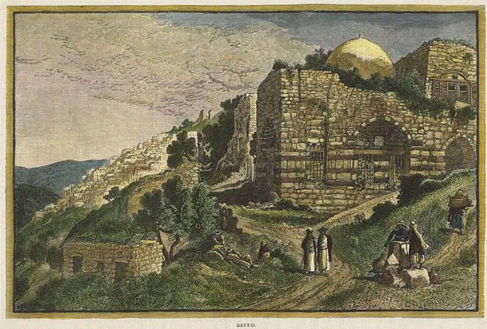 Ancienne illustration de Safed avec bâtiments et paysage montagneux.