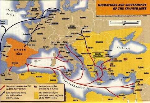 Carte migrations juives espagnoles en Méditerranée.
